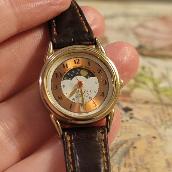 Vintage Watches Moonphase Pless Quartz Japan Gold Case 90s Nelsonic Model - Picture 9 of 10